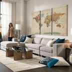Vintage World Map Canvas Wall Art Print | Framed Modern World Map