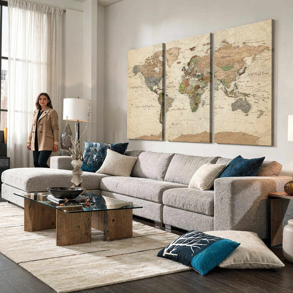 Framed World Map Wall Art for Home and Office Decor