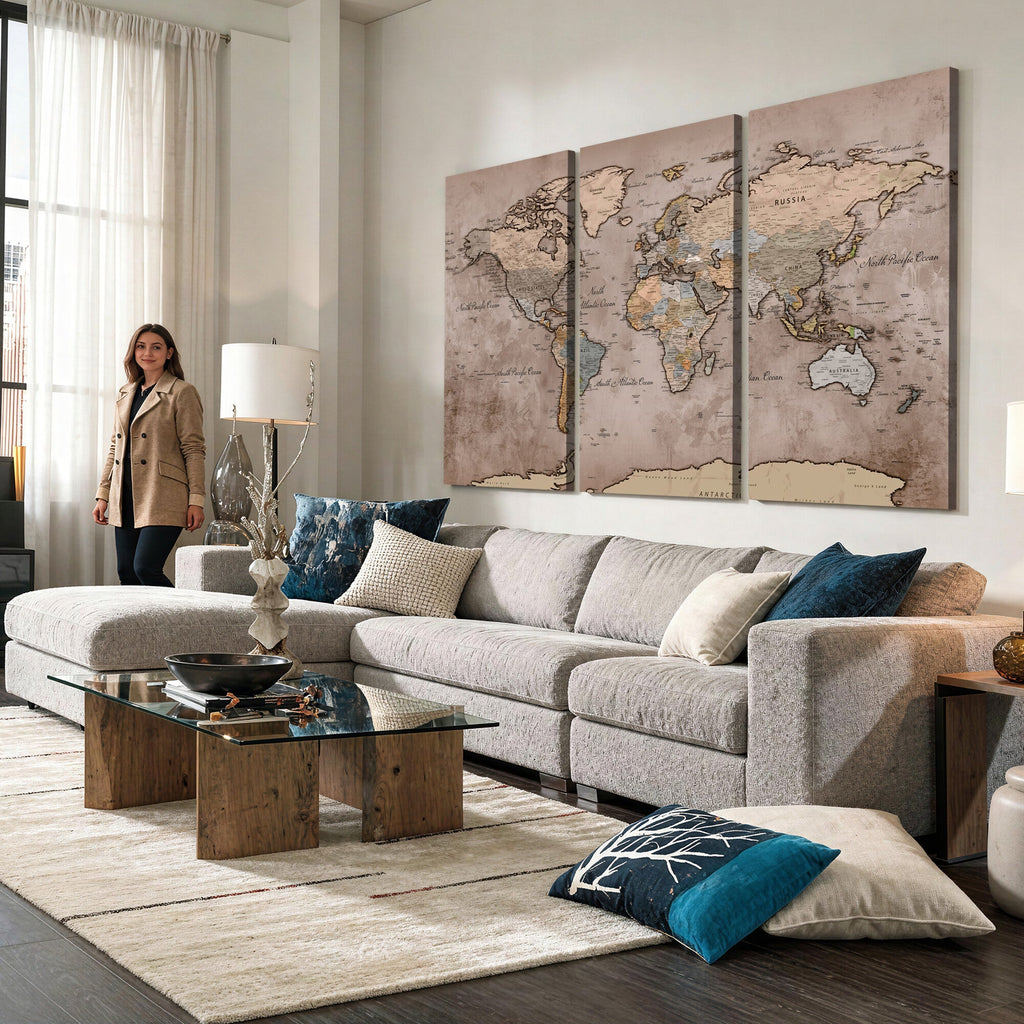 Grunge World Map Canvas Wall Art - Vintage Aged World Map with Golden Tones