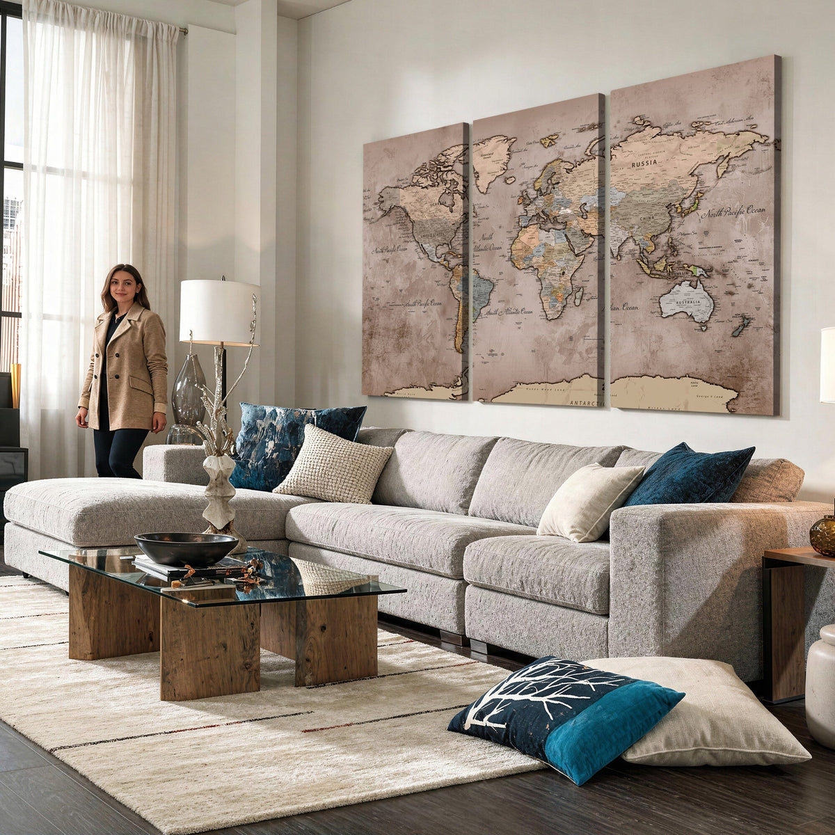 Grunge World Map Canvas Wall Art - Vintage Aged World Map with Golden Tones
