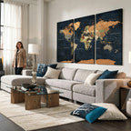 Vintage World Map Canvas Wall Art | Detailed Map with Countries, Oceans and Continents