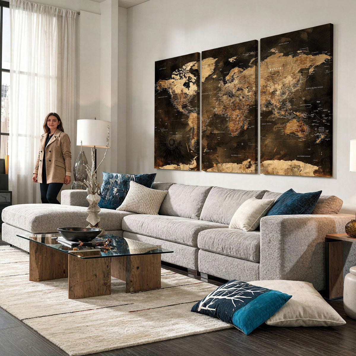 World Map Canvas Print, Modern Decorative Framed Map Artwork