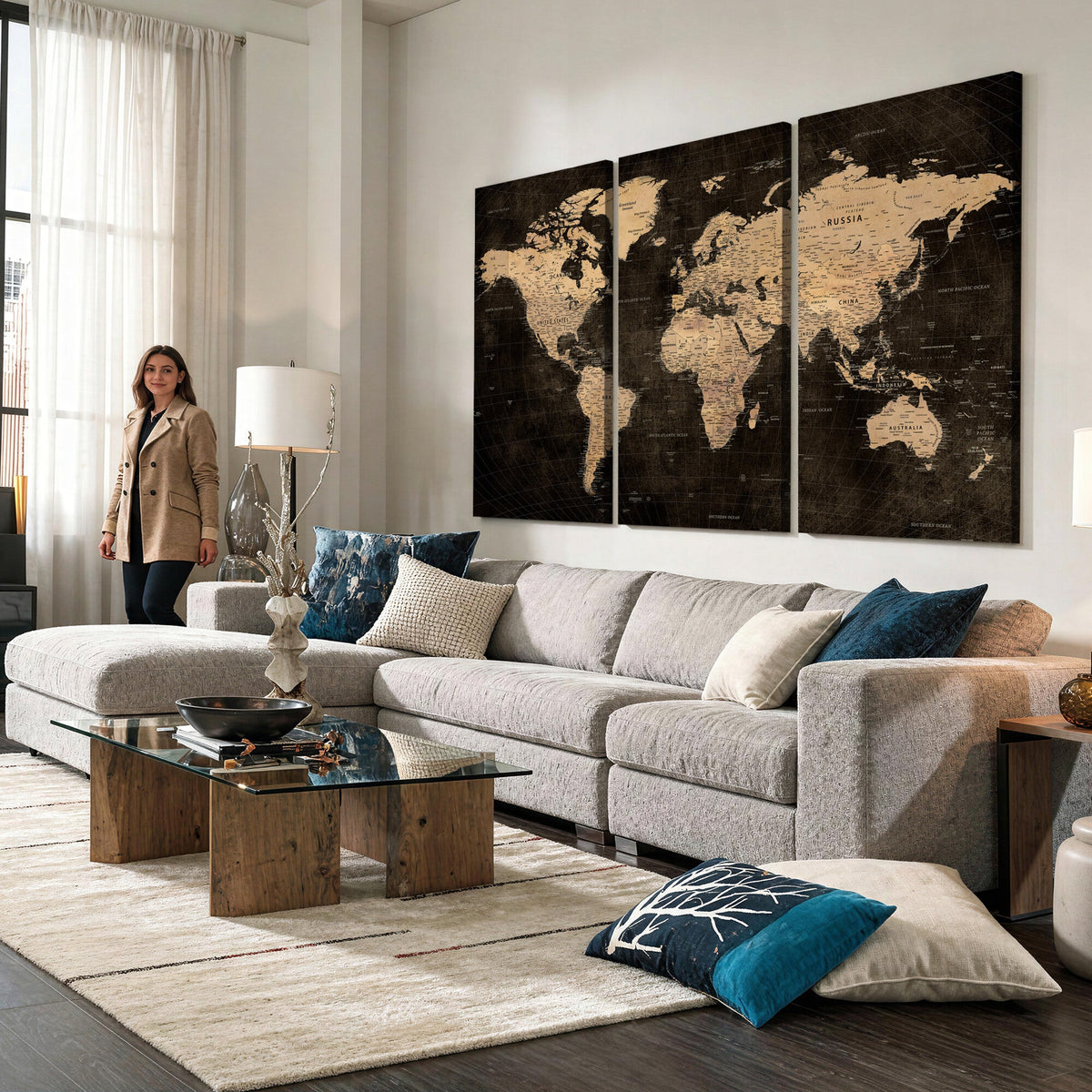 Brown World Map Canvas Print | Modern Travel Map Wall Art