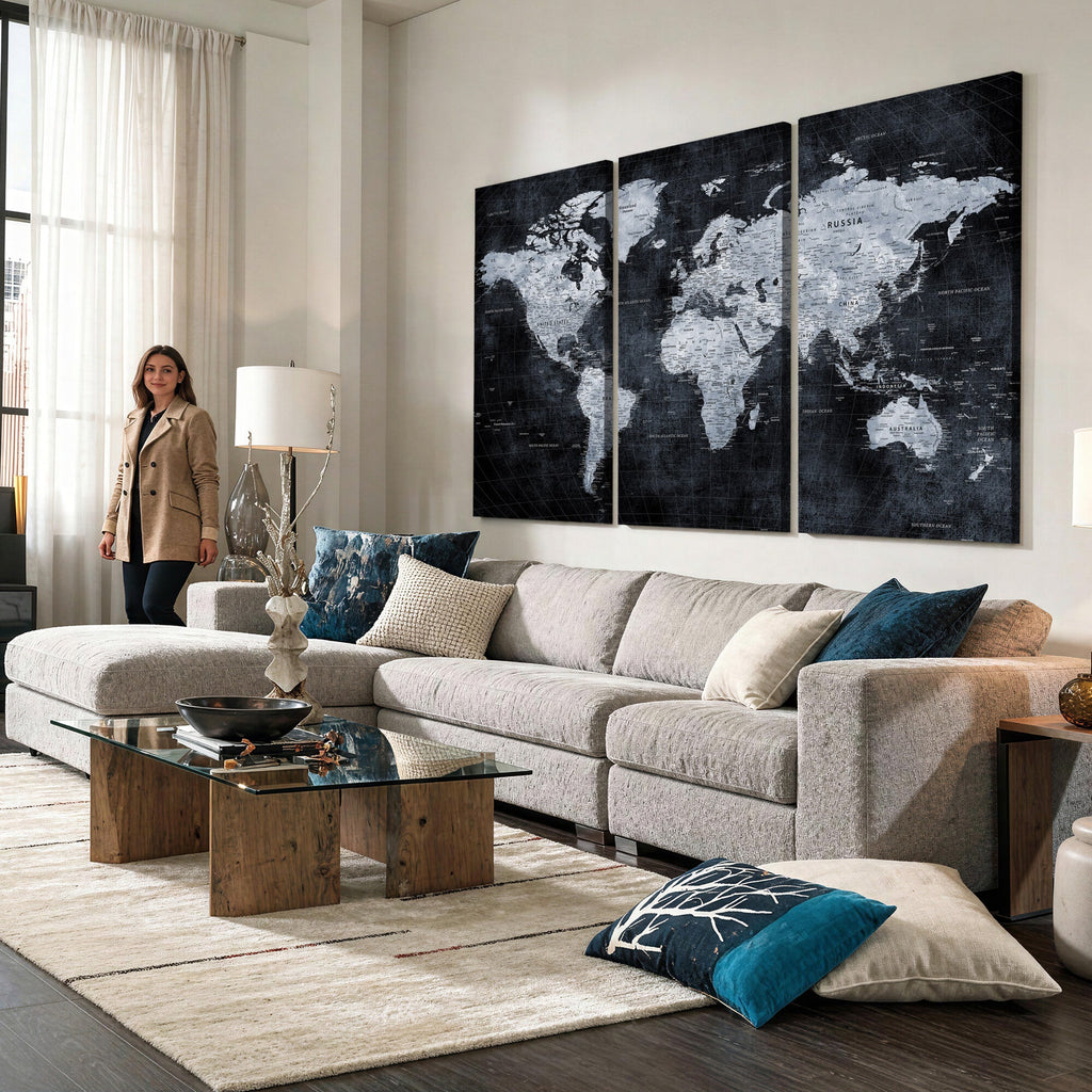 Black World Map Canvas Print | Detailed Map for Couples and Anniversary Gift