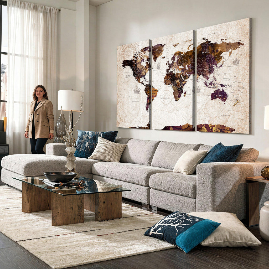 Blue Watercolor World Map Canvas Print | Framed Modern Wall Art