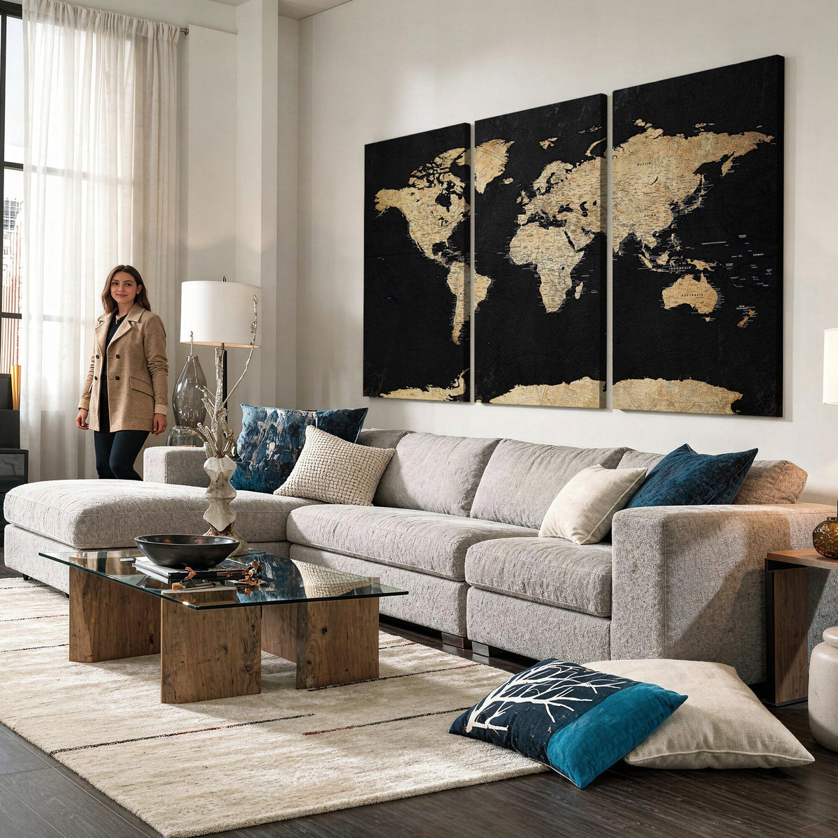 Beige World Map Canvas Wall Art Print, Minimal Black and Beige Map