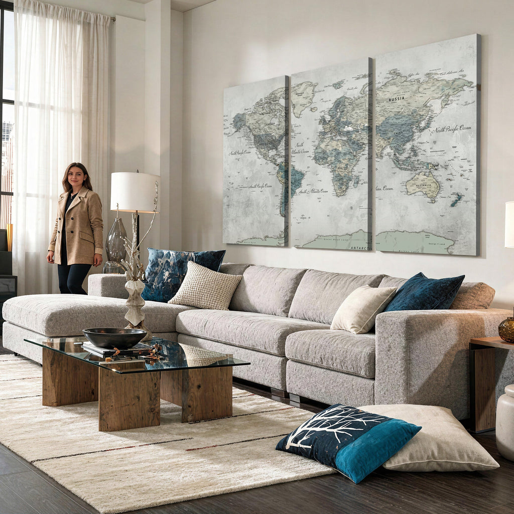 Neutral Vintage World Map Canvas Wall Art Print, Classic Map Artwork