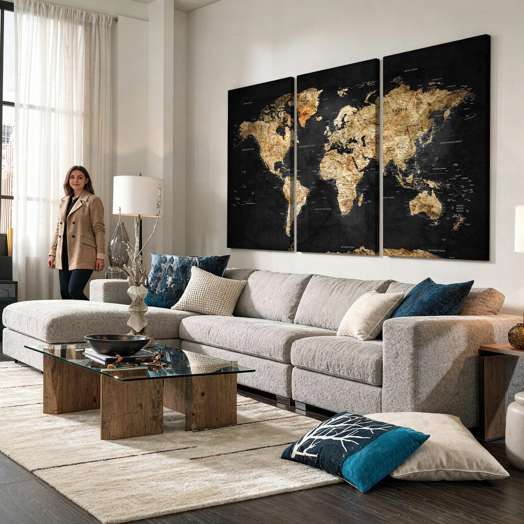 World Map Canvas Wall Art with Famous Landmarks | Framed Travel Map