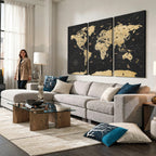Vintage Blue and Brown World Map Canvas Wall Art | Framed Rustic Map Print