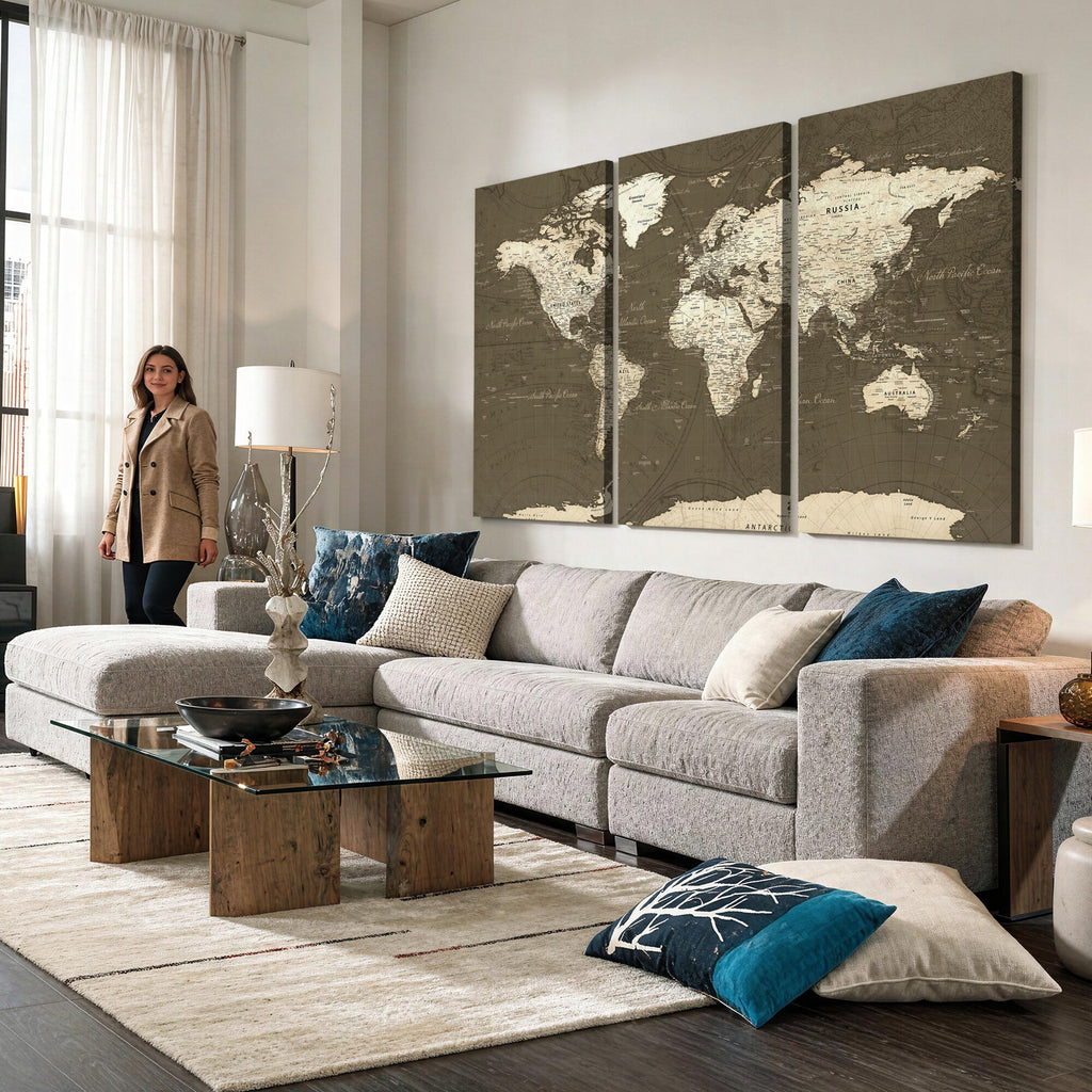 Vintage World Map Canvas Print | Framed Travel Map Wall Art for Couples