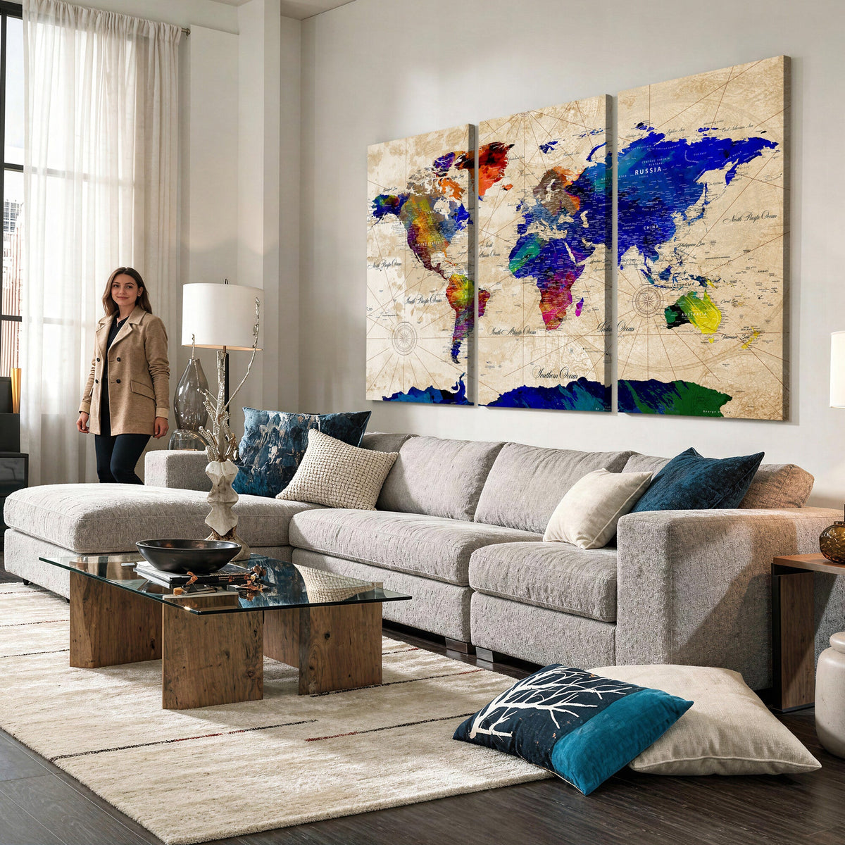 Watercolor World Map Canvas Print | Framed Wall Art for Couples
