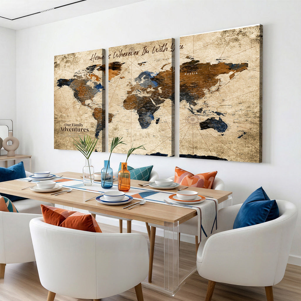 World Map Wall Art | Rustic Earth Tone Canvas Print, Antique Travel Map