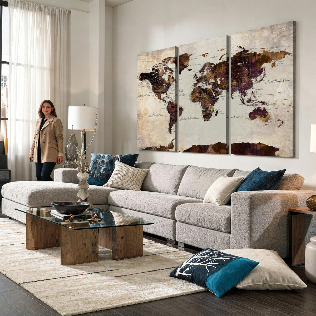 World Map Canvas Triptych | Colorful Global Wall Art for Living Rooms