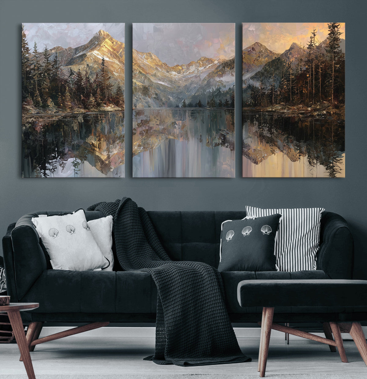 Drip Style Forest Lake Gold Art, Abstract Expressionist, Framed and Ready to Hang