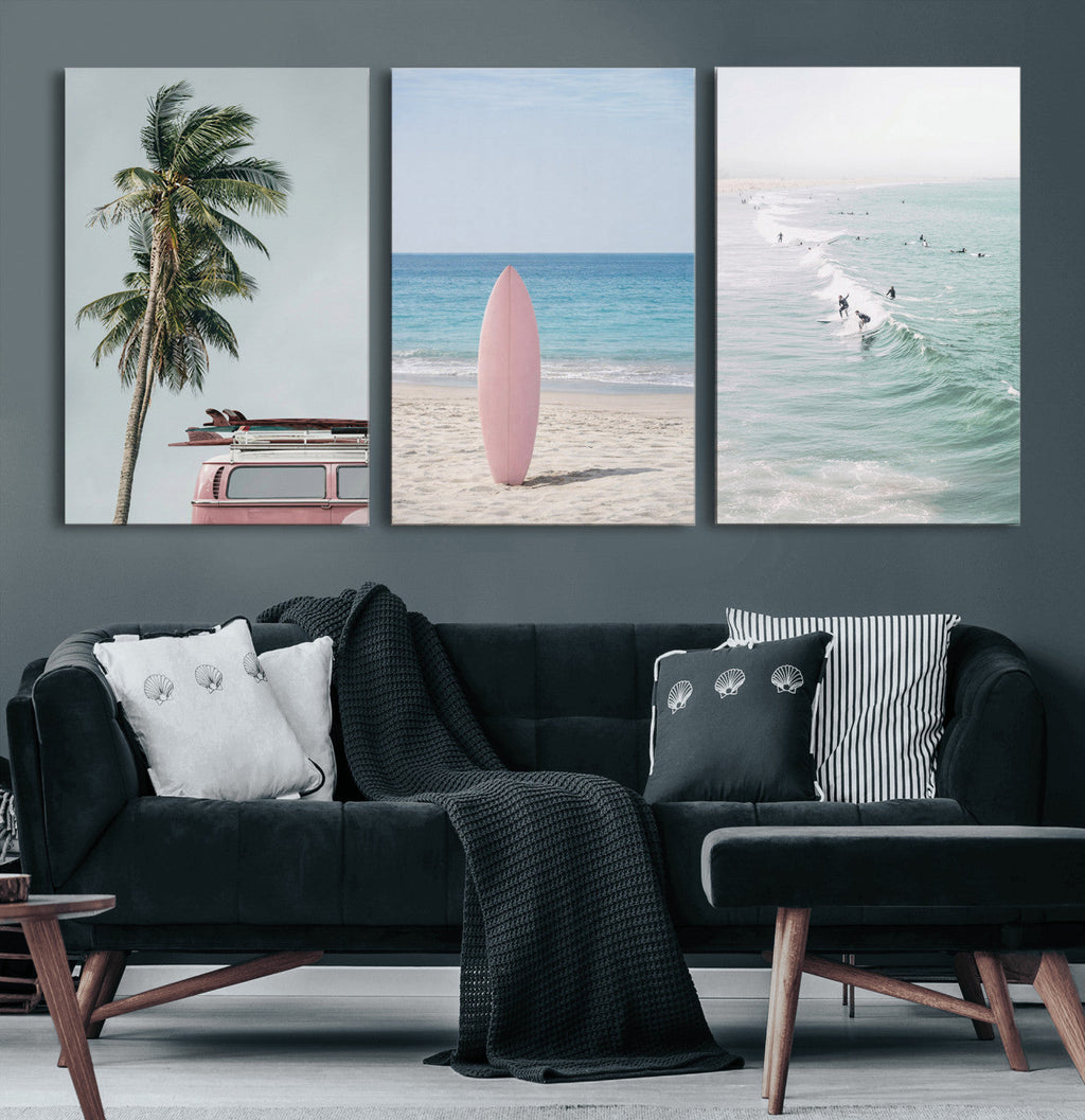 Surf Canvas Wall Art Set, Pink Surfboard VW Van Palm Tree