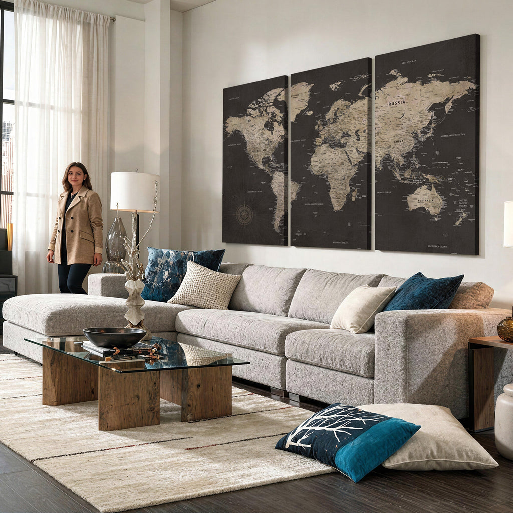 World Map Canvas Wall Art, Dark Charcoal and Antique Tan Detailed Map