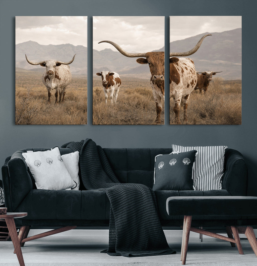Rustic Texas Longhorn Cow Canvas Wall Art Print, Farm Animal Photography