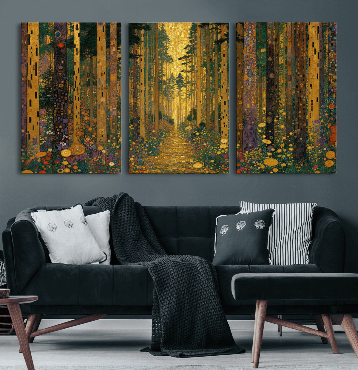 Gustav Klimt Style Forest Canvas Wall Art, Golden Forest Path Floral Art Nouveau Print