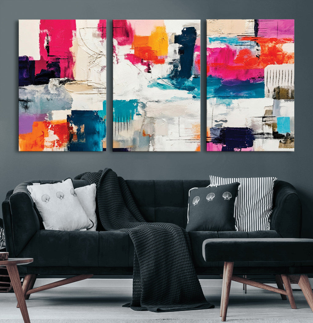Blue Teal Abstract Canvas Wall Art, Modern Brushstroke Style Print, Navy Orange Contemporary Decor