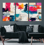 Blue Teal Abstract Canvas Wall Art, Modern Brushstroke Style Print, Navy Orange Contemporary Decor