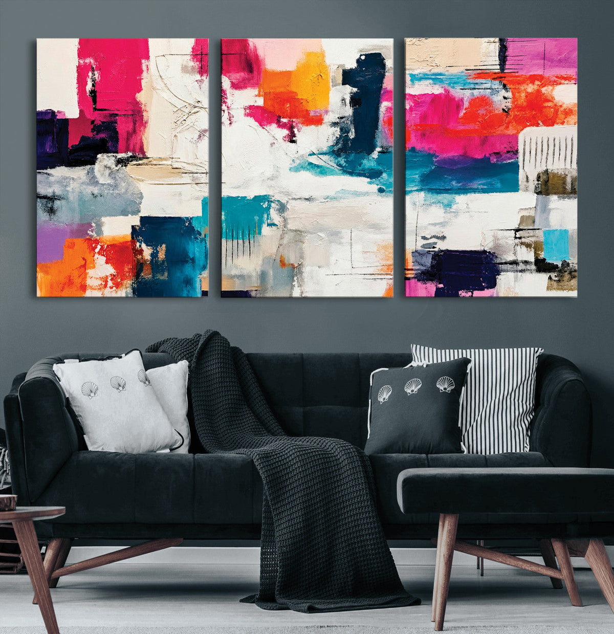 Blue Teal Abstract Canvas Wall Art, Modern Brushstroke Style Print, Navy Orange Contemporary Decor