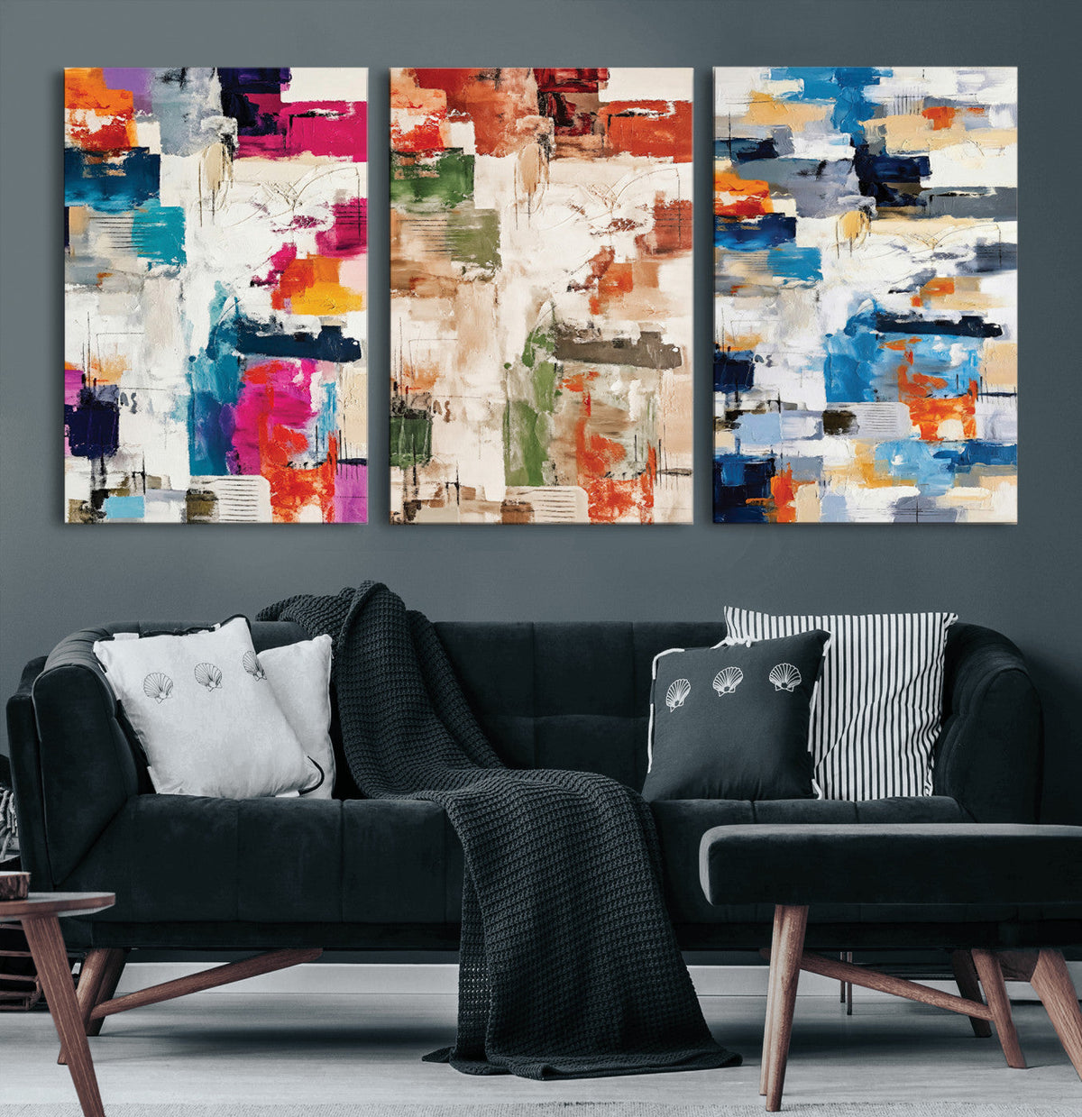 Blue Teal Abstract Canvas Wall Art, Modern Brushstroke Style Print, Navy Orange Contemporary Decor