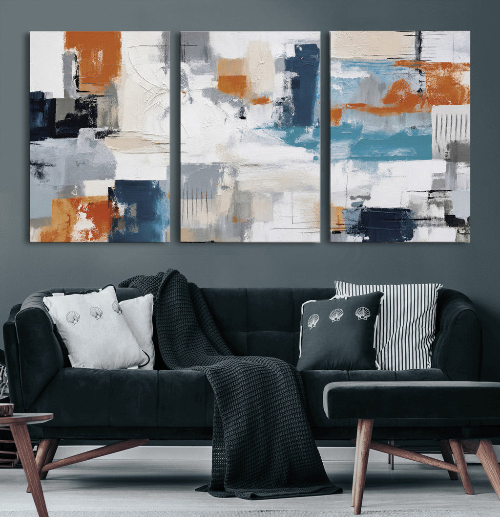 Blue Teal Abstract Canvas Wall Art, Modern Brushstroke Style Print, Navy Orange Contemporary Decor