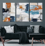 Blue Teal Abstract Canvas Wall Art, Modern Brushstroke Style Print, Navy Orange Contemporary Decor