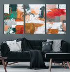 Blue Teal Abstract Canvas Wall Art, Modern Brushstroke Style Print, Navy Orange Contemporary Decor