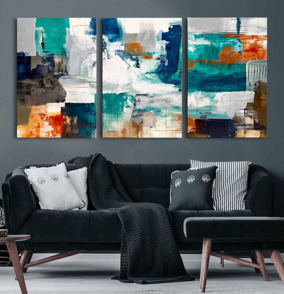 Blue Teal Abstract Canvas Wall Art, Modern Brushstroke Style Print, Navy Orange Contemporary Decor