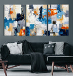 Blue Teal Abstract Canvas Wall Art, Modern Brushstroke Style Painting Print, Navy Orange Contemporary Decor