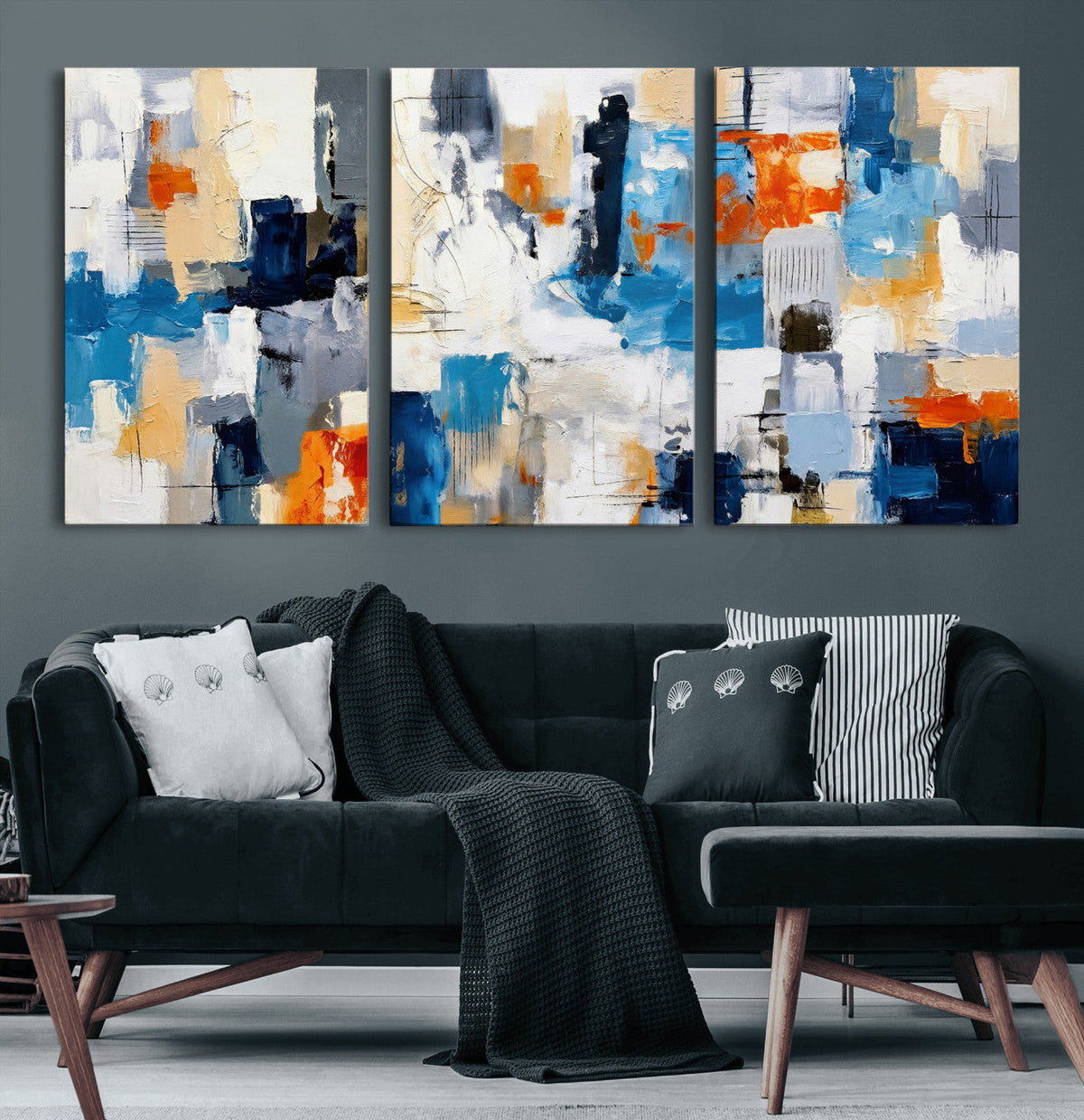 Blue Teal Abstract Canvas Wall Art, Modern Brushstroke Style Painting Print, Navy Orange Contemporary Decor