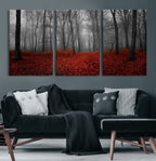 Red Forest Floor Canvas Wall Art | Mystical Foggy Woodland Triptych