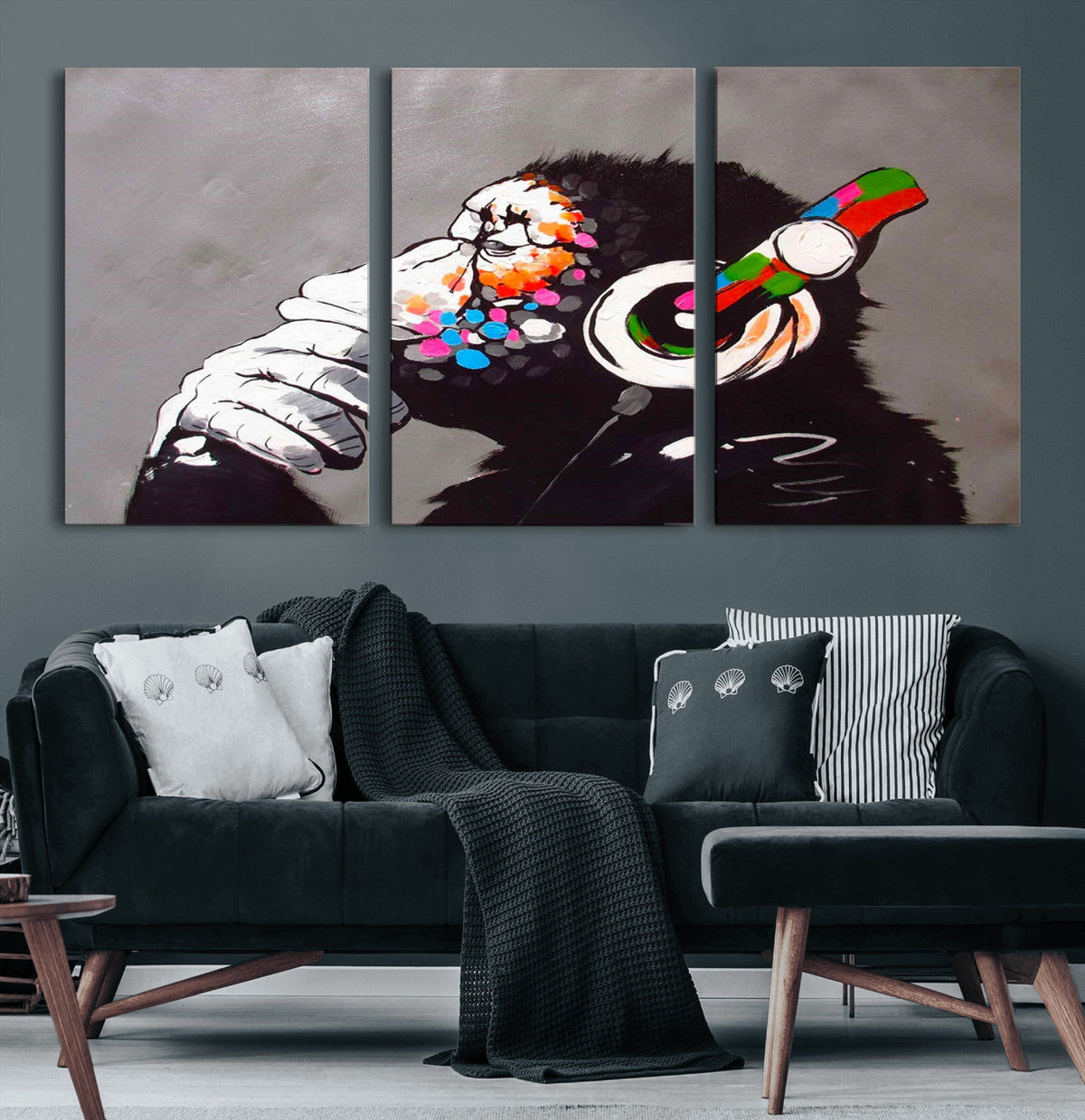 DJ Monkey Listening to Music Wall Art Print | Banksy Monkey Large Canvas Print