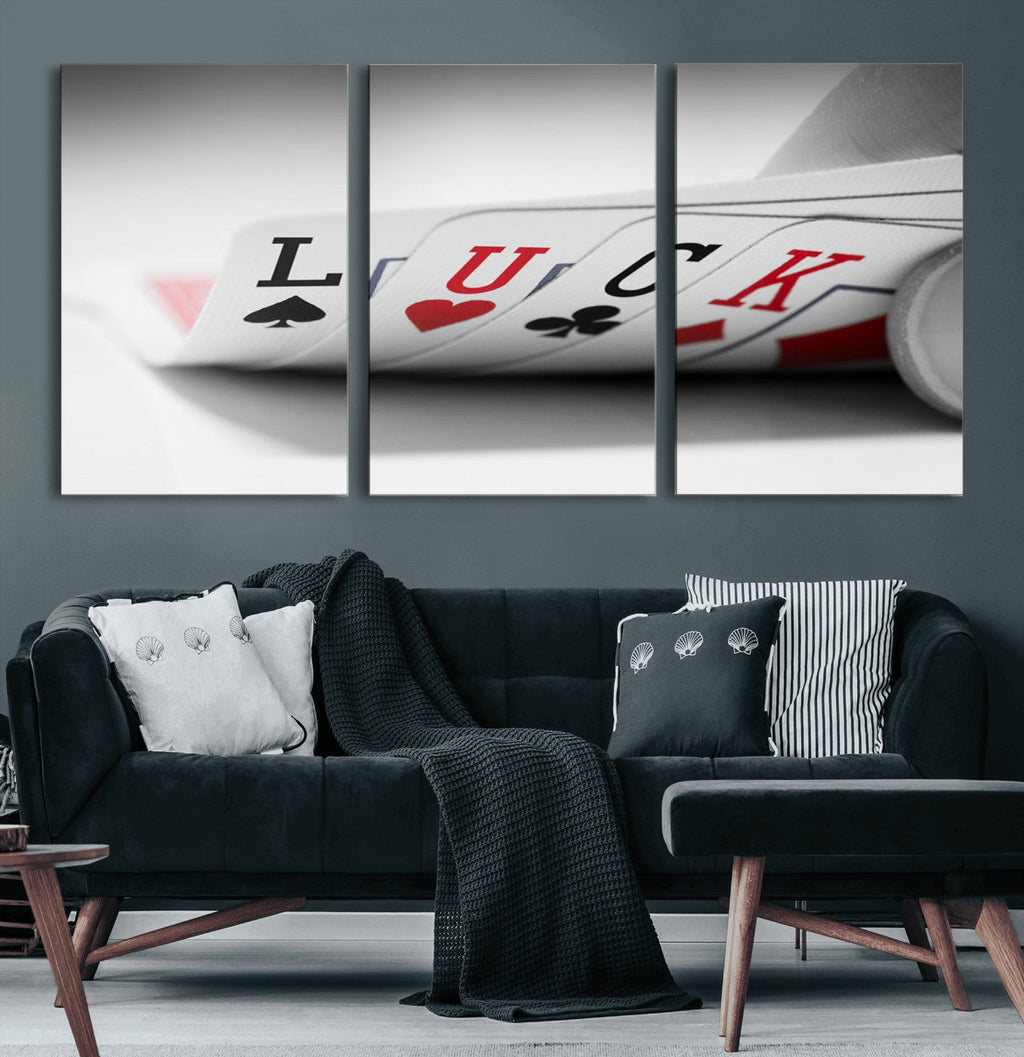 Framed Lucky Poker Cards Canvas | Modern Triptych Wall Art for Game Rooms