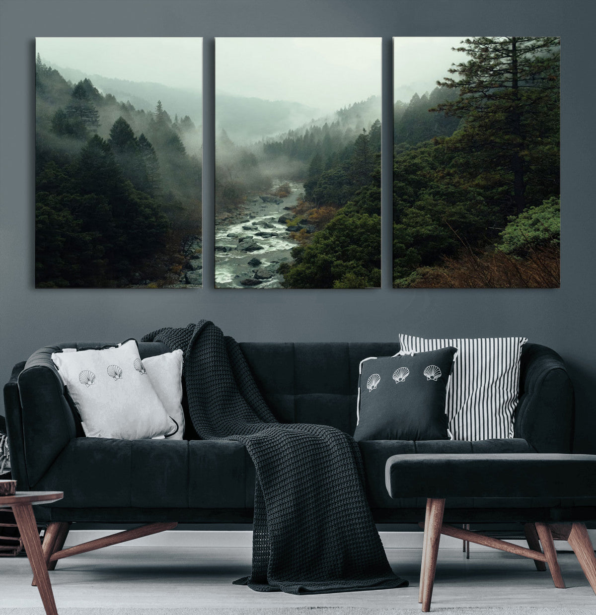 Misty Forest Wall Art, Tranquil Nature Landscape, Ready to Hang | Extra Large 3 Piece Canvas Wall Art