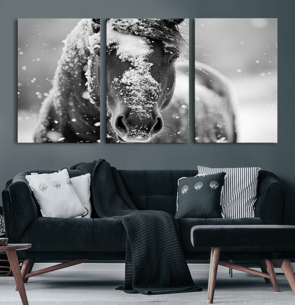 Black and White Horse Winter Wall Art, Ready to Hang