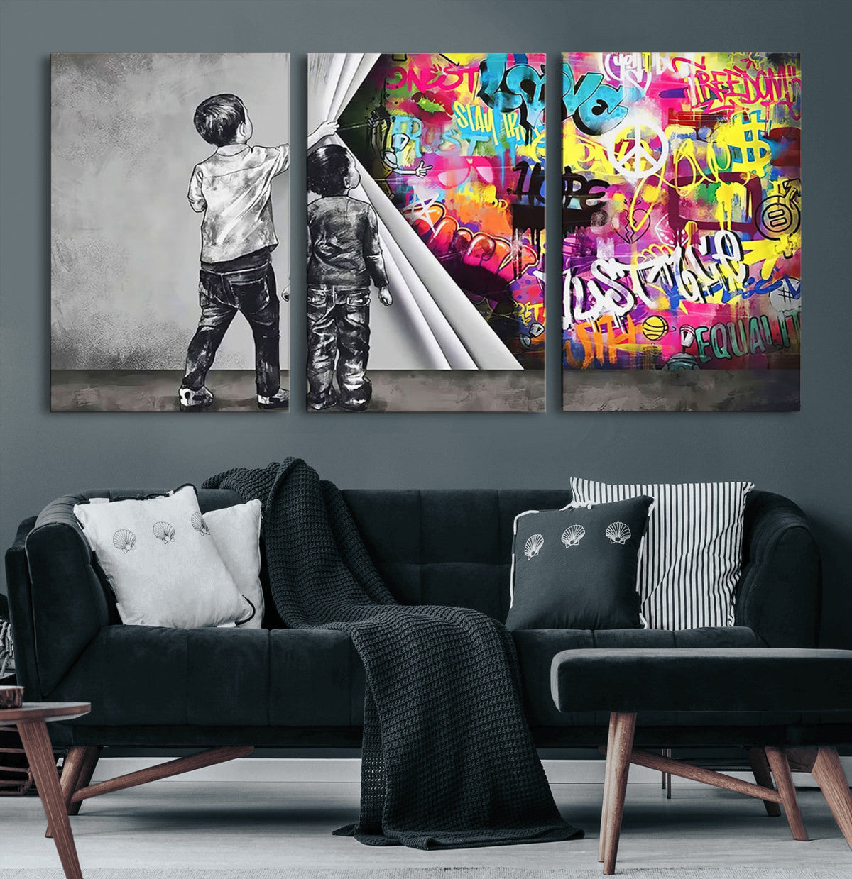 Banksy Print, Street Art Canvas Wall Art, Kids Revealing Graffiti, Urban Modern Decor