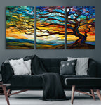 Vibrant Mosaic Tree of Life Wall Art, Stained Glass Style Canvas Print