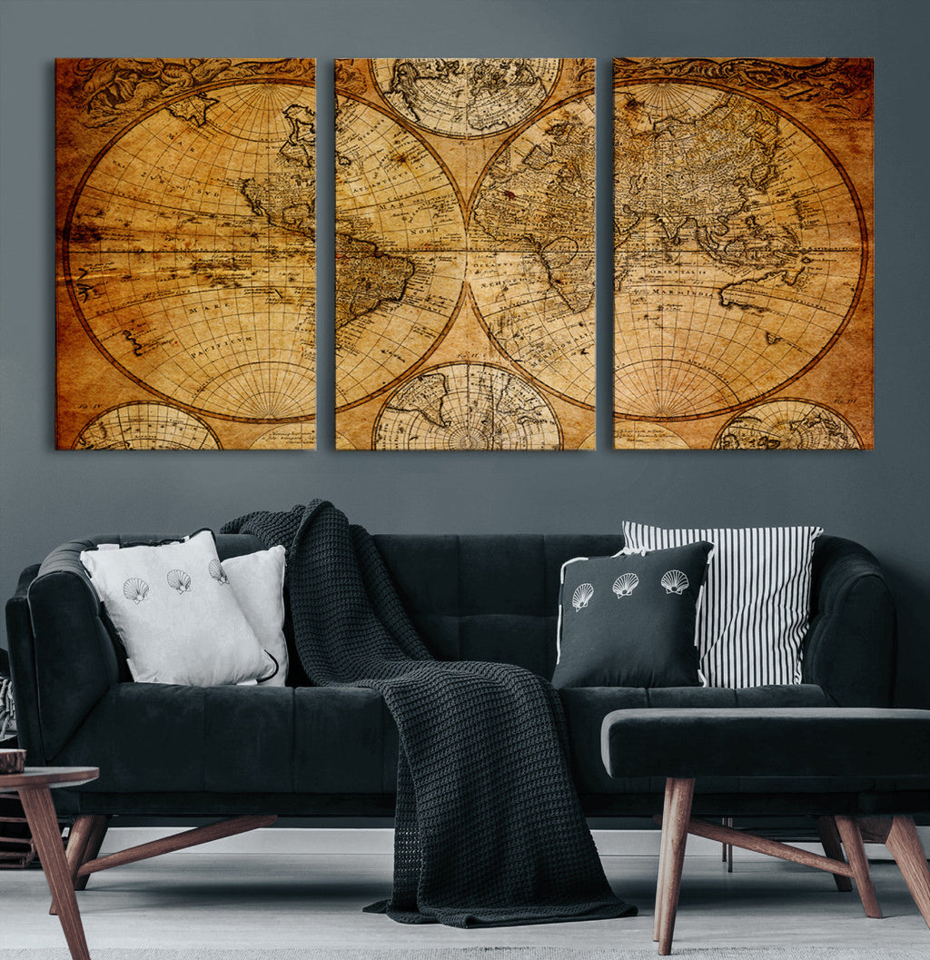 Vintage World Map Canvas Print | Antique Push Pin Travel Map