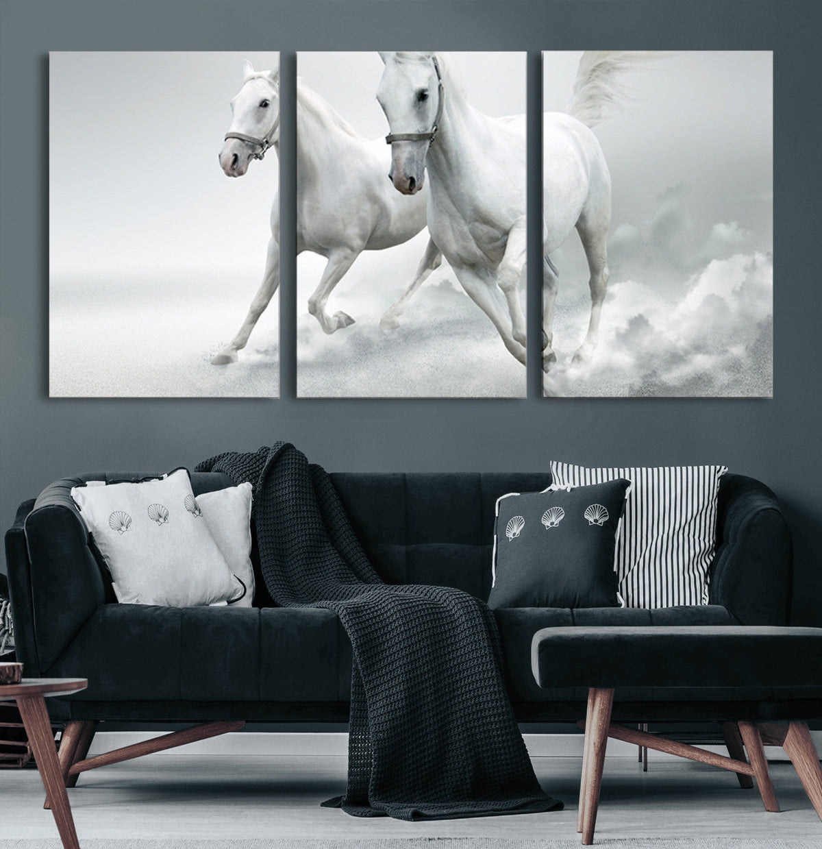 Large Wall Art Canvas Print, Beautiful Running White Horses