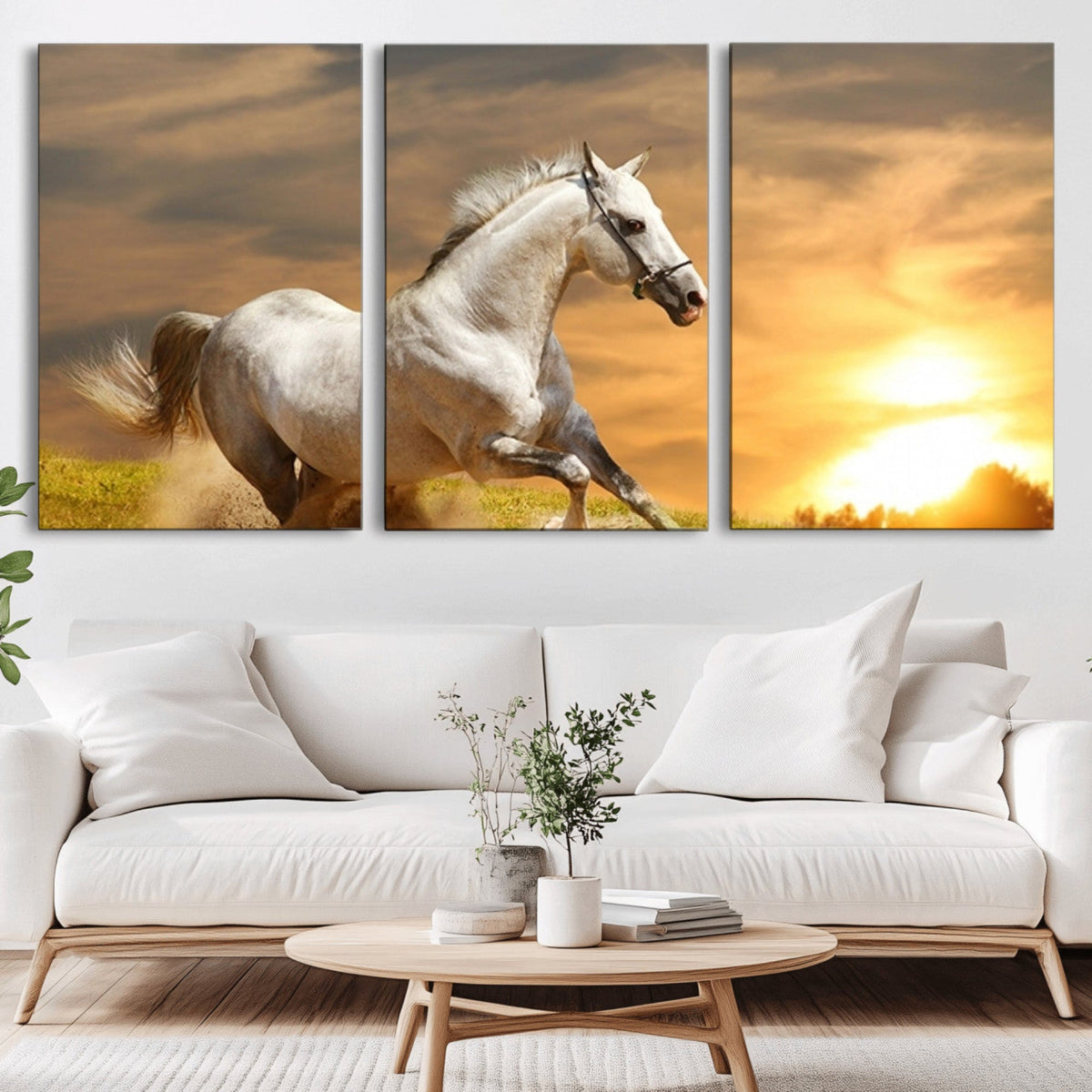 Large Wall Art Galloping White Horse at Sunset Canvas Print