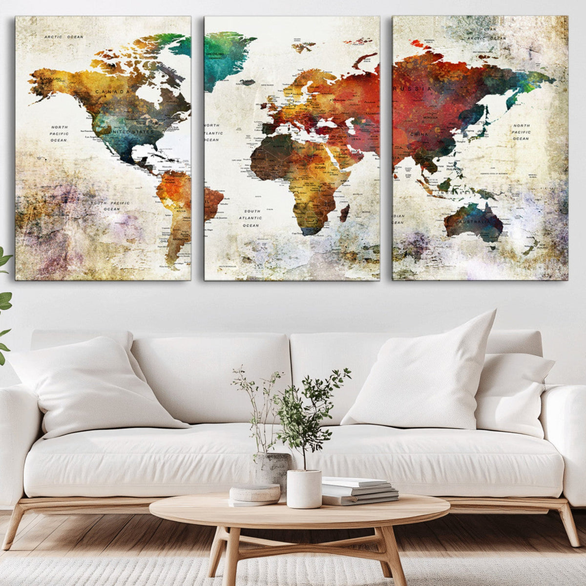 Watercolor World Map Canvas Print | Framed Travel Map Wall Art for Couples