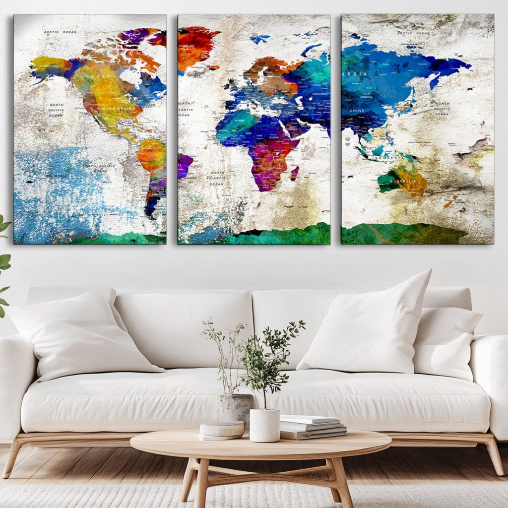 Navy Blue and Orange Watercolor World Map Canvas Print | Framed Travel Map