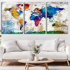 Navy Blue and Orange Watercolor World Map Canvas Print | Framed Travel Map