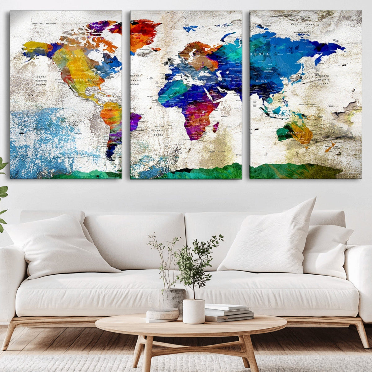 Navy Blue and Orange Watercolor World Map Canvas Print | Framed Travel Map