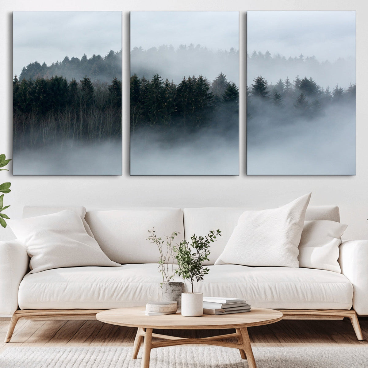 Autumn and Misty Trees in the Forest Wall Art Canvas Print, Foggy Forest Mountain Wall Art