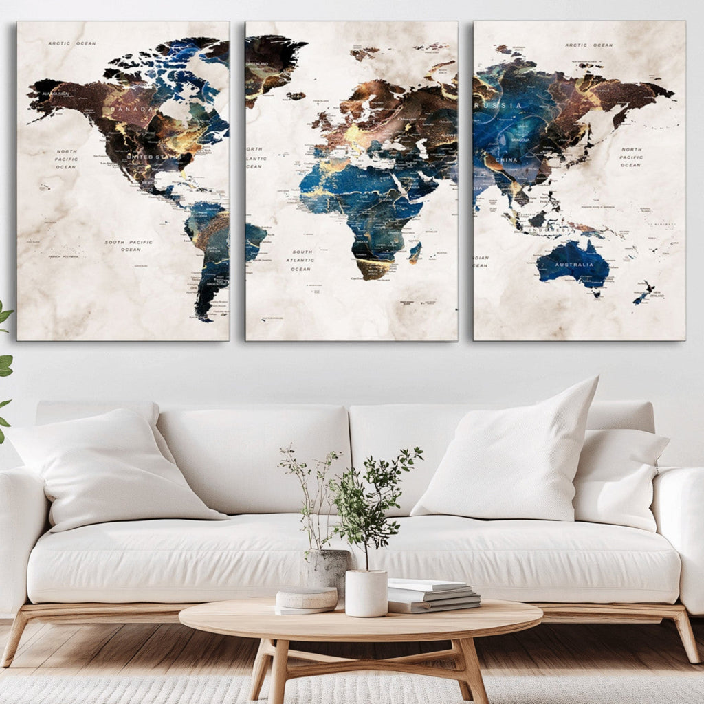 Abstract Earth Tone Blue World Map Canvas Print | Framed Travel Map Wall Art