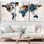 Abstract Earth Tone Blue World Map Canvas Print | Framed Travel Map Wall Art