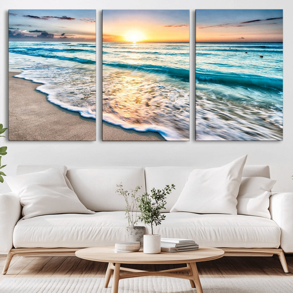 Sunset Beach Waves Canvas Wall Art | Ocean Sunset Coastal Print
